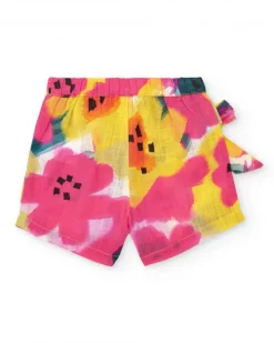 Shorts para niña en fucsia con flores y lazo lateral