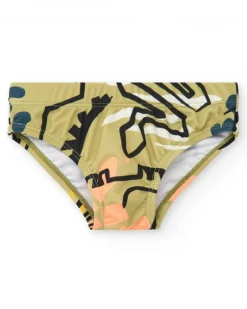Slip de baño caqui para niño con estampado de dinosaurios