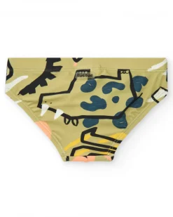 Slip de baño caqui para niño con estampado de dinosaurios