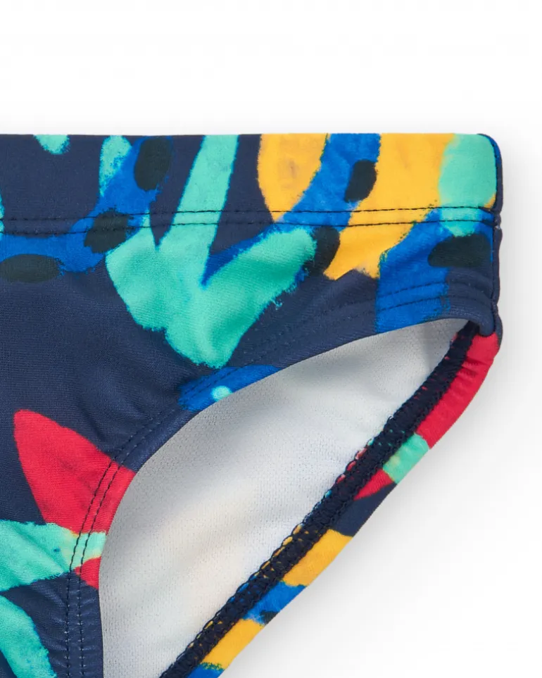 Slip de baño para niño en azul con estampado tropical