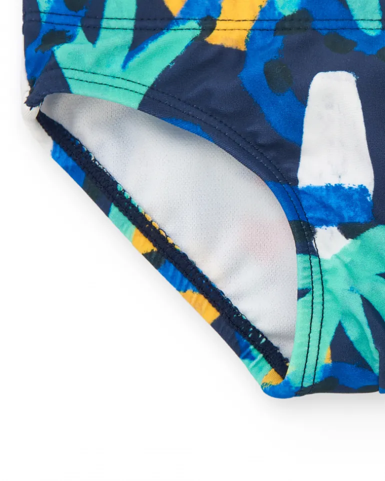 Slip de baño para niño en azul con estampado tropical