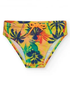 Slip de baño para niño multicolor con estampado tropical y cordón a contraste.