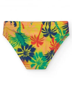 Slip de baño para niño multicolor con estampado tropical y cordón a contraste.