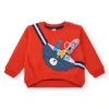 Sudadera niña en rojo con estampado de mochila y detalles divertidos colección Big BRains