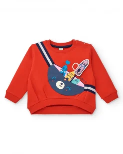 Sudadera niña en rojo con estampado de mochila y detalles divertidos colección Big BRains