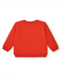 Sudadera niña en rojo con estampado de mochila y detalles divertidos colección Big BRains