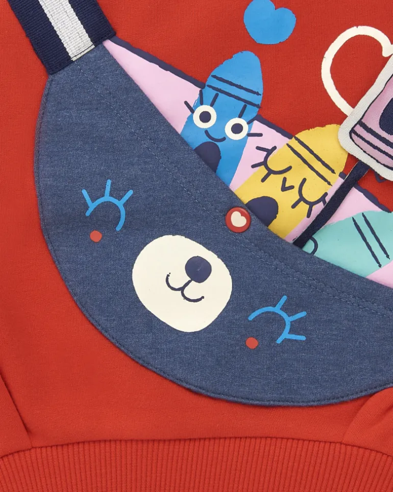 Sudadera niña en rojo con estampado de mochila y detalles divertidos colección Big BRains