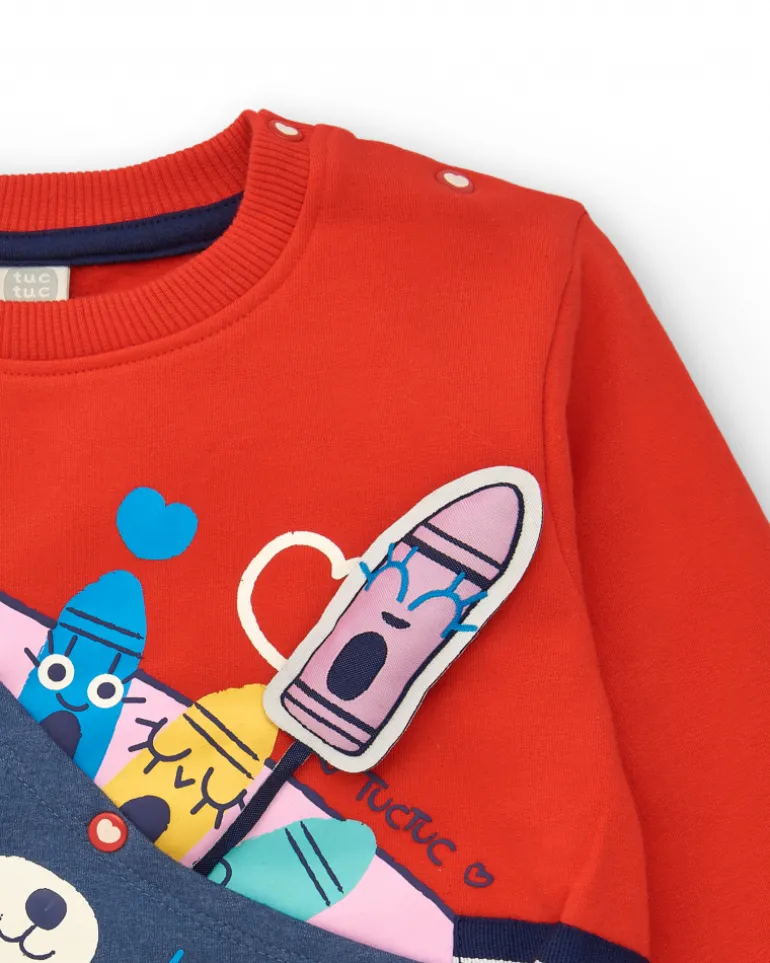 Sudadera niña en rojo con estampado de mochila y detalles divertidos colección Big BRains