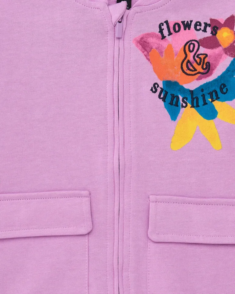 Sudadera para niña en lila con bolsillos frontales y cremallera