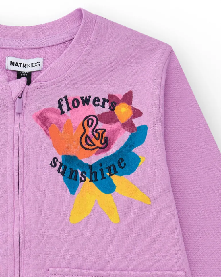Sudadera para niña en lila con bolsillos frontales y cremallera