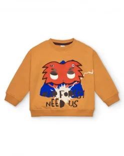 Sudadera para niño en mostaza con estampado de superhéroe y mensaje colección Super Natural