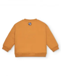 Sudadera para niño en mostaza con estampado de superhéroe y mensaje colección Super Natural