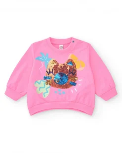 Sudadera rosa de felpa para niña con cuello redondo y puños acanalados