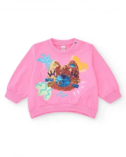 Sudadera rosa de felpa para niña con cuello redondo y puños acanalados