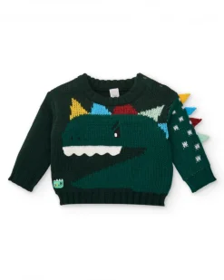 Suéter tejido para niño en verde con diseño de dinosaurio en relieve colección Cyber Dino