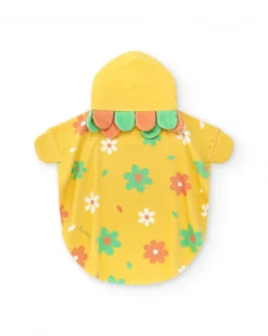 Toalla-poncho amarilla para niña con estampado de flores y capucha