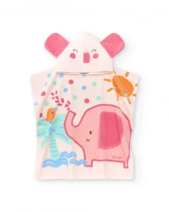 Toalla-poncho para niña rosa con estampado tropical y capucha con orejas