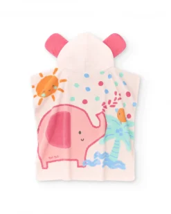 Toalla-poncho para niña rosa con estampado tropical y capucha con orejas