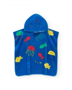 Toalla-poncho para niño color azul con estampado y capucha