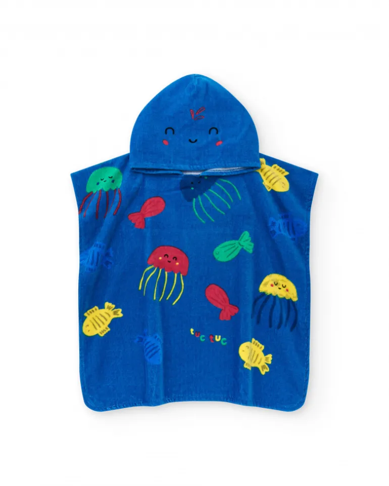 Toalla-poncho para niño color azul con estampado y capucha