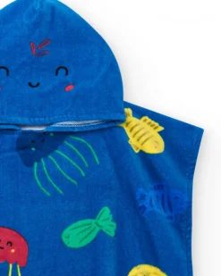Toalla-poncho para niño color azul con estampado y capucha