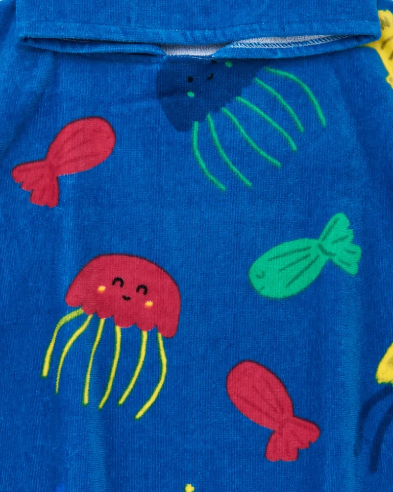 Toalla-poncho para niño color azul con estampado y capucha