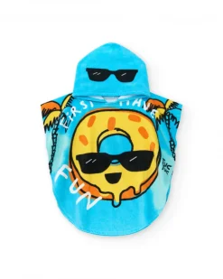 Toalla-poncho para niño en azul con rosquilla y frase "FIRST HAVE FUN"