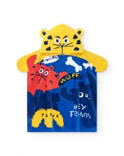 Toalla-poncho para niño en azul y amarillo con capucha de orejas