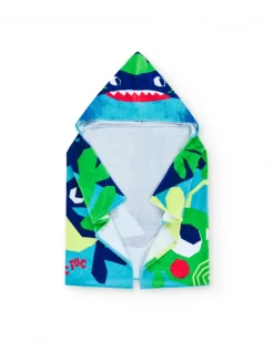 Toalla-poncho para niño en azul y verde con tiburón