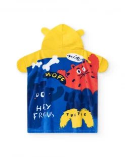 Toalla-poncho para niño en azul y amarillo con capucha de orejas