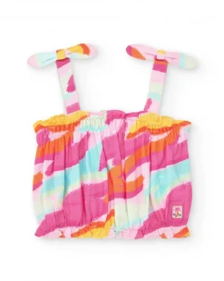 Top rosa para niña con estampado multicolor y lazos en los tirantes