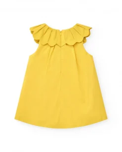 Vestido amarillo sin mangas para niña con estampado floral y cuello volante