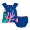 Vestido azul de punto para niña con estampado marino y coral rosa
