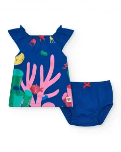 Vestido azul de punto para niña con estampado marino y coral rosa