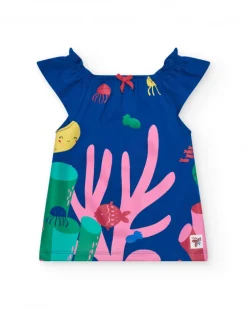 Vestido azul de punto para niña con estampado marino y coral rosa
