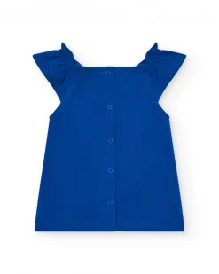 Vestido azul de punto para niña con estampado marino y coral rosa
