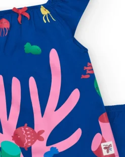 Vestido azul de punto para niña con estampado marino y coral rosa