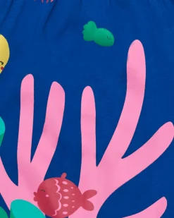 Vestido azul de punto para niña con estampado marino y coral rosa