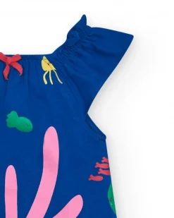 Vestido azul de punto para niña con estampado marino y coral rosa