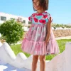 Vestido azul floral para niña con falda de tul