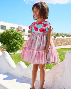 Vestido azul floral para niña con falda de tul