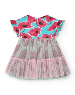 Vestido azul floral para niña con falda de tul