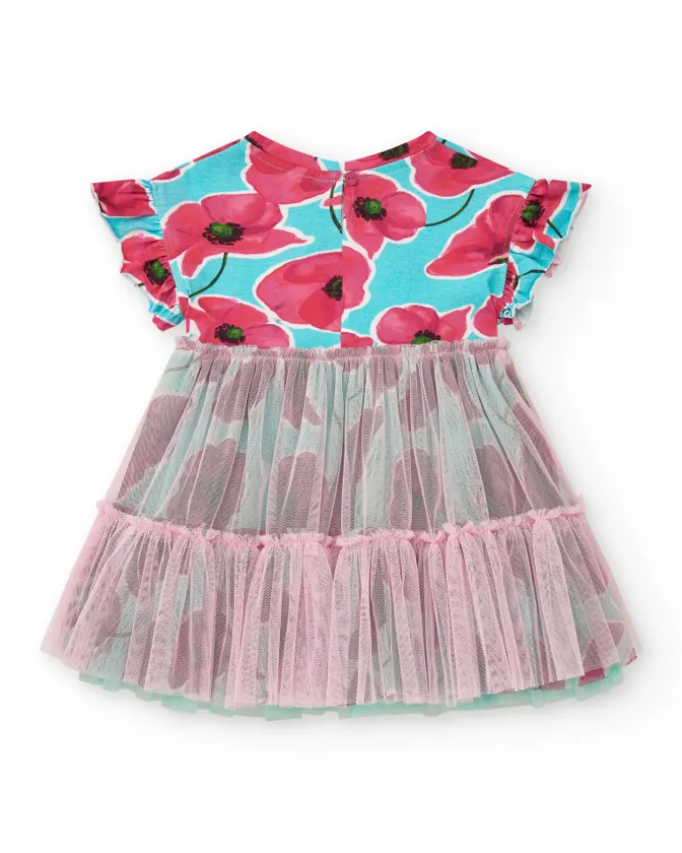 Vestido azul floral para niña con falda de tul