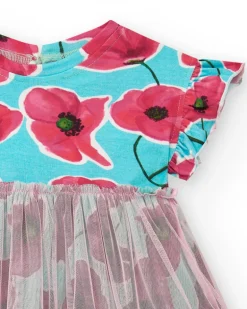 Vestido azul floral para niña con falda de tul