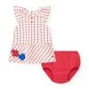 Vestido blanco de cuadros rojos con culetín rojo a juego