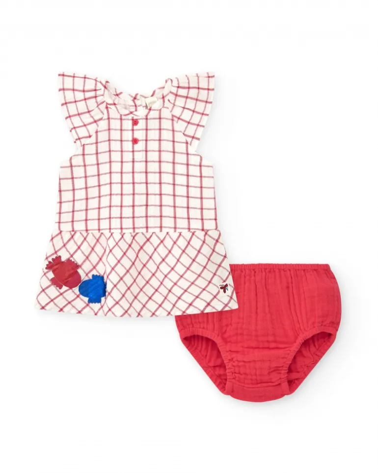 Vestido blanco de cuadros rojos con culetín rojo a juego