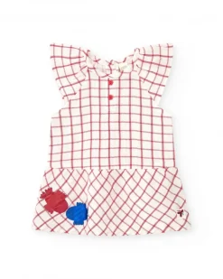 Vestido blanco de cuadros rojos con culetín rojo a juego
