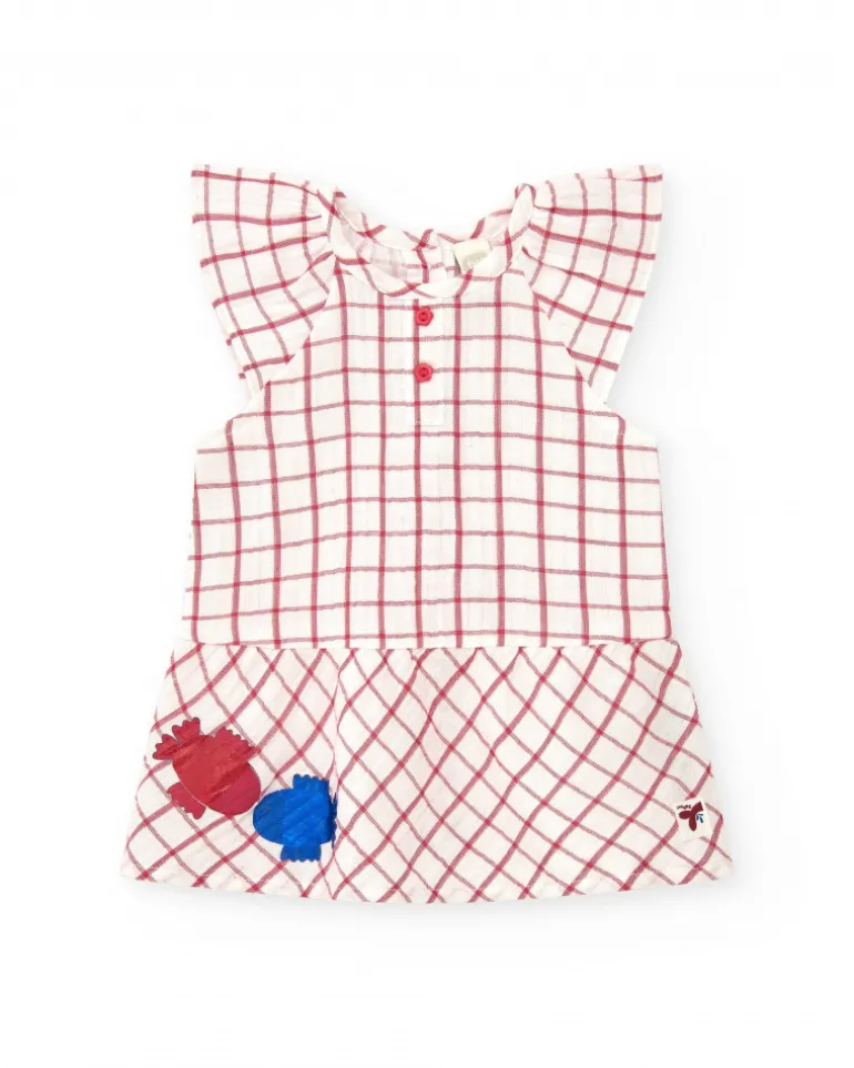 Vestido blanco de cuadros rojos con culetín rojo a juego