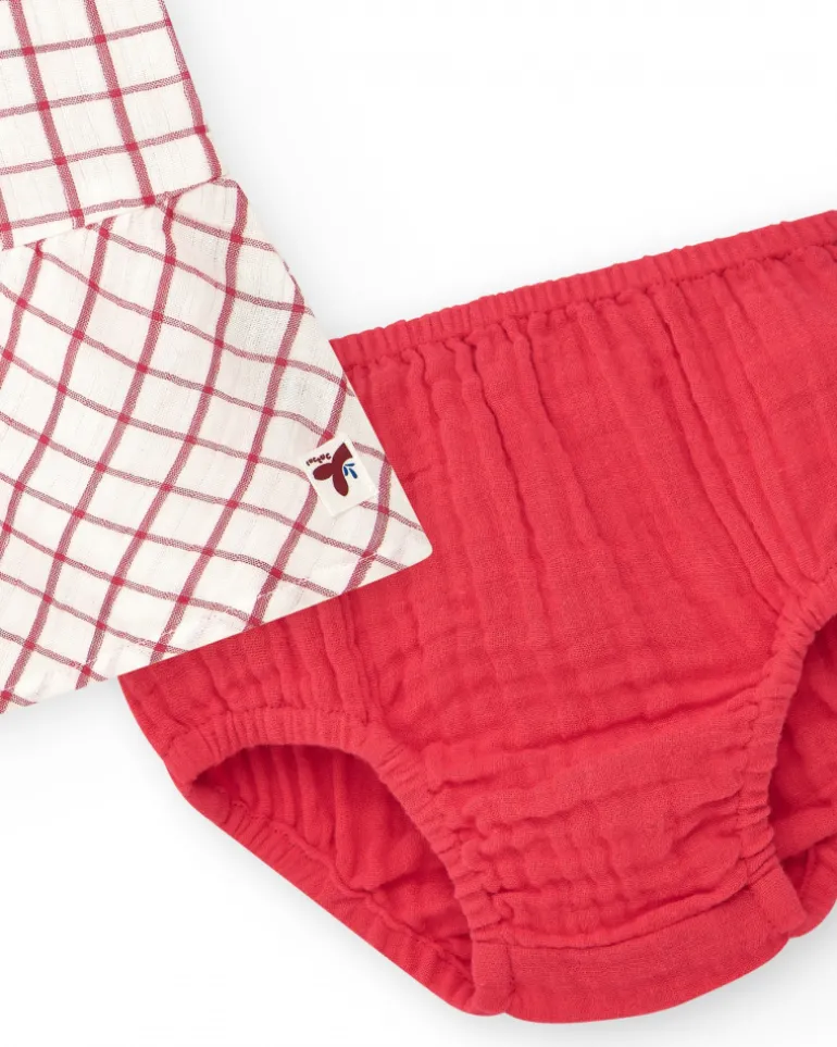Vestido blanco de cuadros rojos con culetín rojo a juego