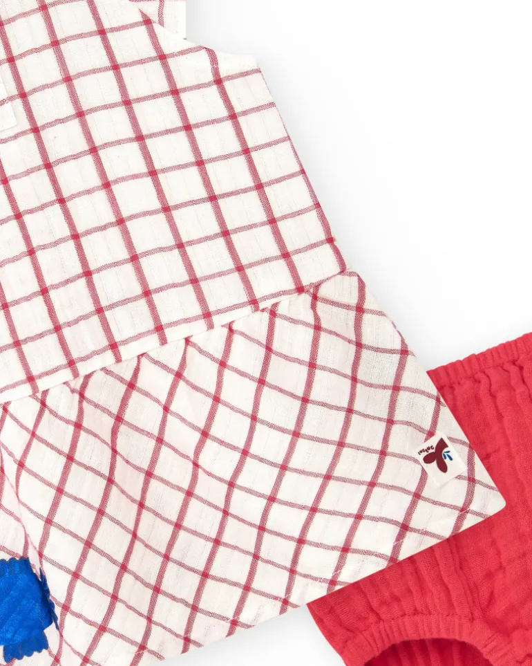 Vestido blanco de cuadros rojos con culetín rojo a juego